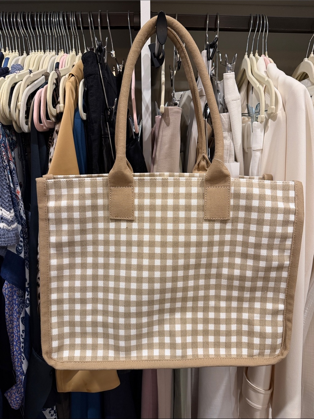J. Crew Beige Checkered Tote Bag